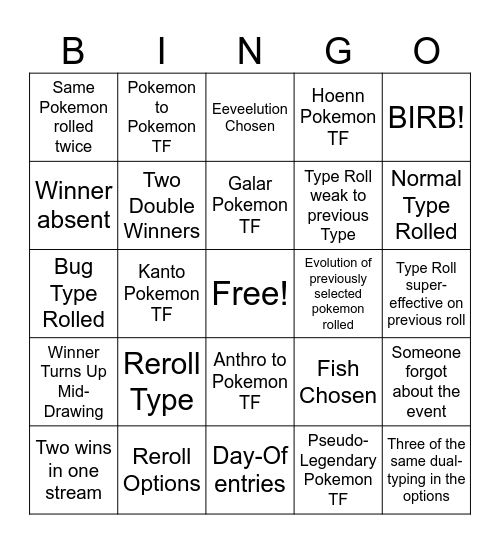 Pokemon TF Event Bingo Card
