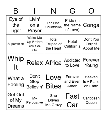 Musical Bingo 80s Bingo Card