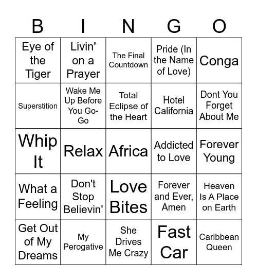 Musical Bingo 80s Bingo Card