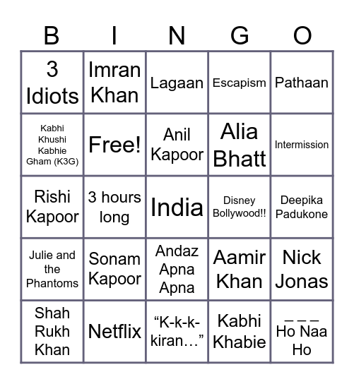 Bollywood Bingo! Bingo Card