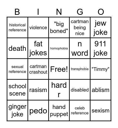 South Park Bingo Card