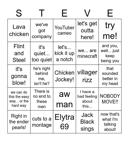 Minecraft Movie Bingo Card