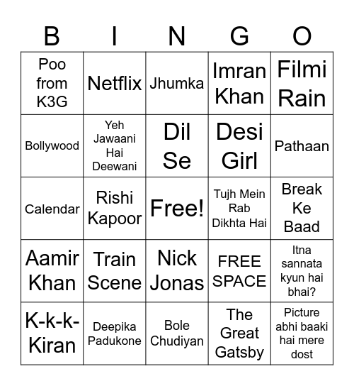 Bollywood Trivia Bingo Card