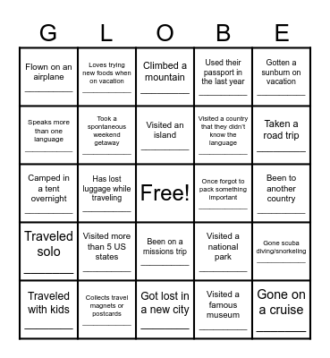Find Someone Who- Travel Edition Bingo Card