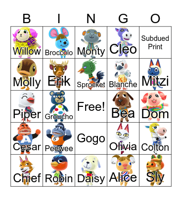 Animal Crossing Bingo Card