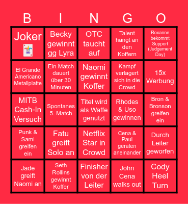 Money in the Bank Bingo Card
