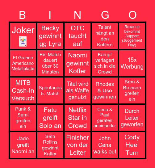 Money in the Bank Bingo Card