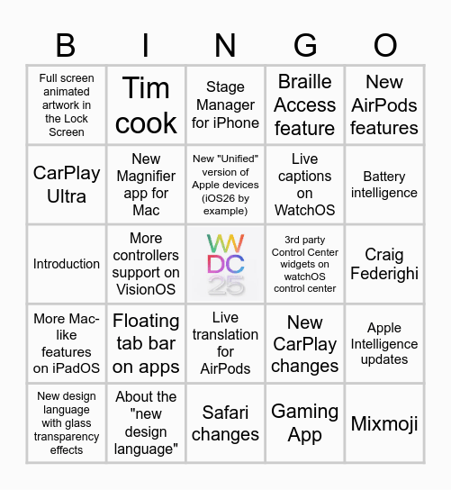 Steeven293's WWDC25 Bingo card Bingo Card