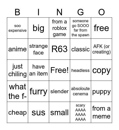 catalog creator roblox Bingo Card
