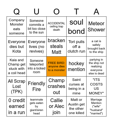 Night Witch Lethal Company Bingo Card