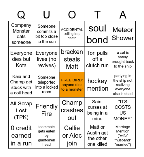 Night Witch Lethal Company Bingo Card