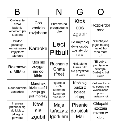 impreza w traphousie bingo Card
