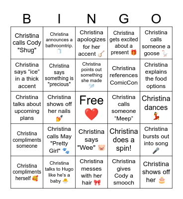 Christina’s Birthday Bingo Card
