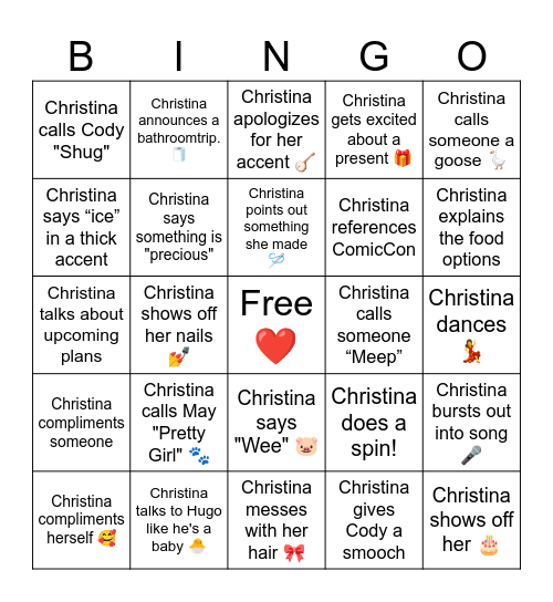 Christina’s Birthday Bingo Card