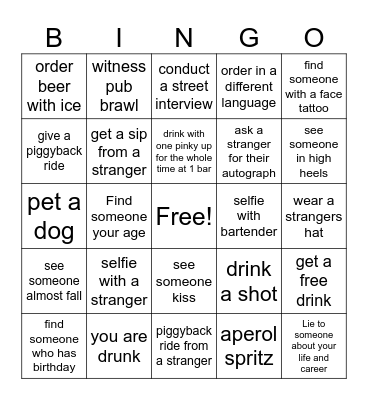 Lolli's pub crawl Bingo Card