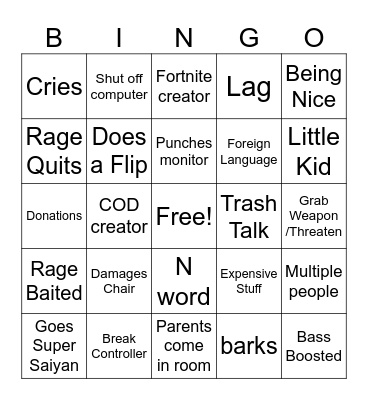 Streamer rage moments Bingo Card