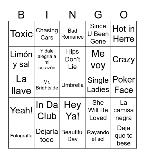 Bingo 2000 Canciones Bingo Card