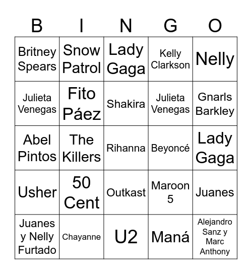 Bingo 2000 Intérpretes Bingo Card