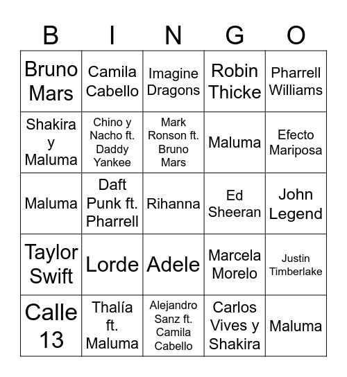 Bingo 2010 Intérpretes Bingo Card