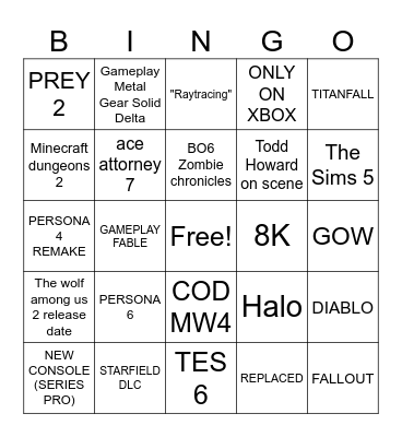 XBOX Bingo Card