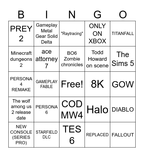 XBOX Bingo Card