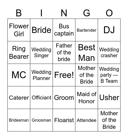 Greg's Wedding Bingo Card