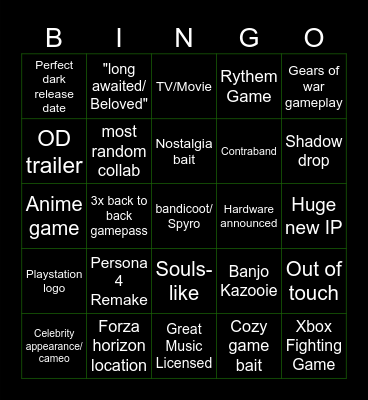 Xbox Showcase Bingo Card