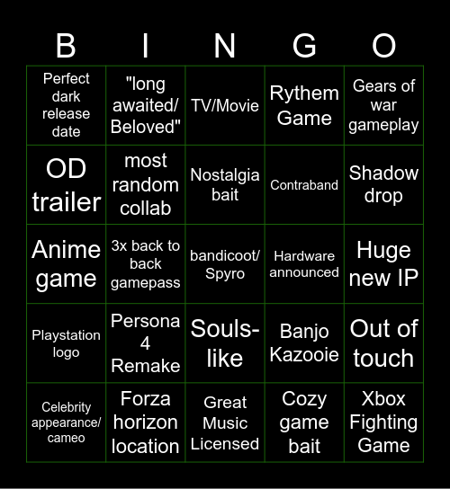 Xbox Showcase Bingo Card