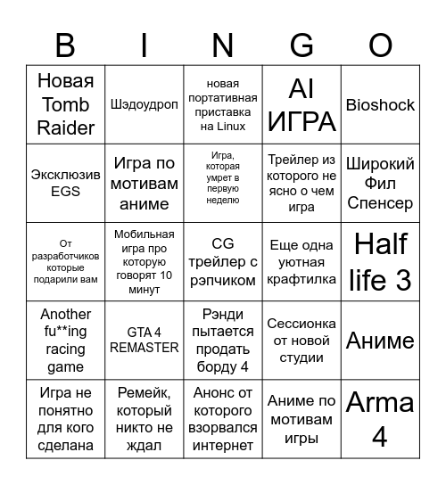Summer Game Fest Bingo Card