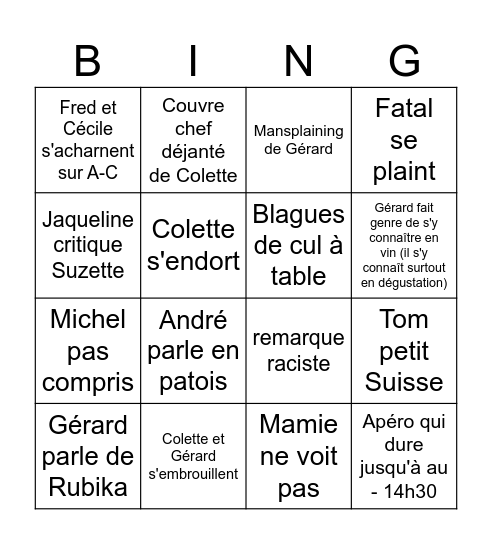 Survie Bingo Card