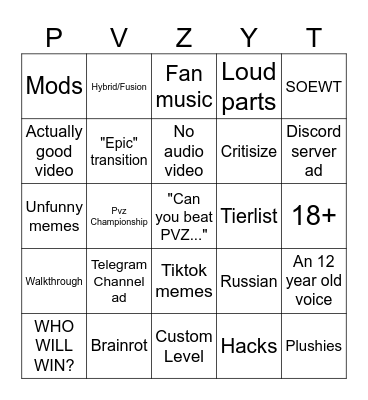 Pvz Youtube Bingo Card