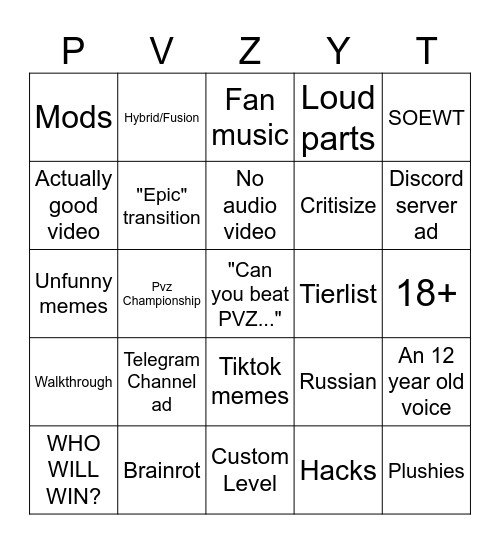 Pvz Youtube Bingo Card