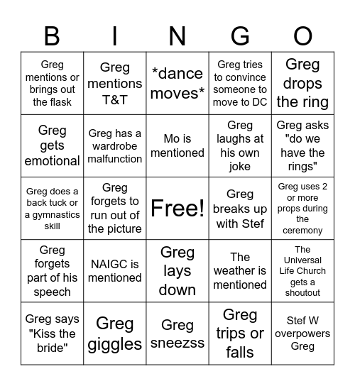 Greg Bingo Card