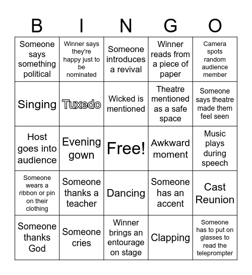 TONY AWARDS BINGO Card