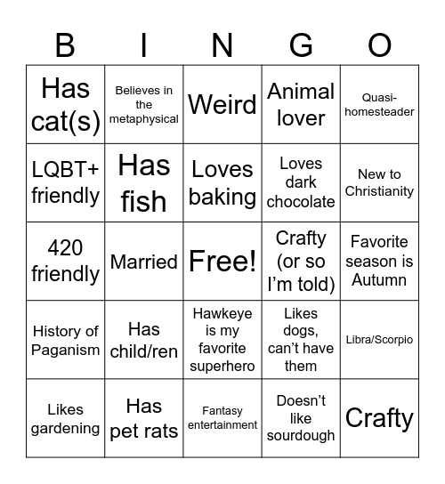Amanda’s Pen Pal Bingo Card