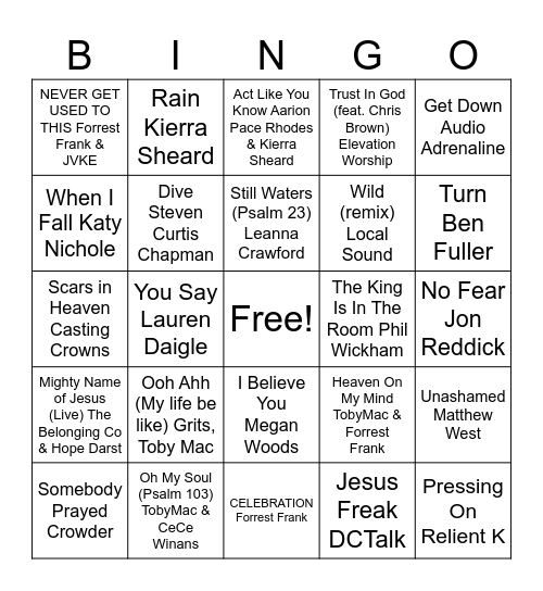 Christian Hits Bingo Card