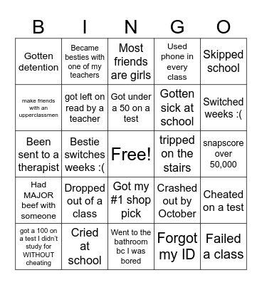 Freshman year Bingo Card