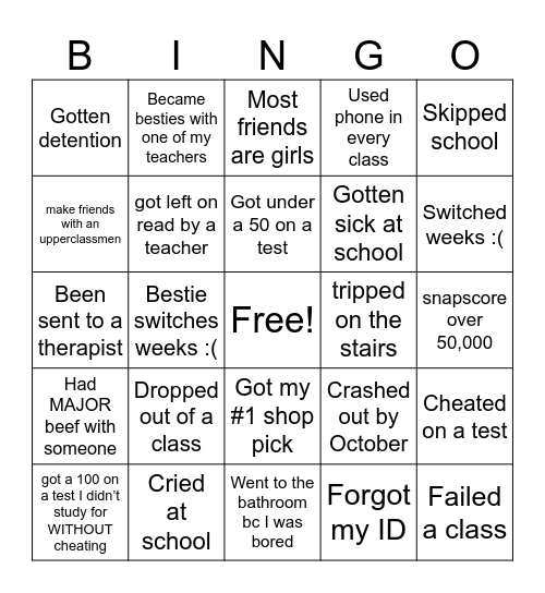 Freshman year Bingo Card