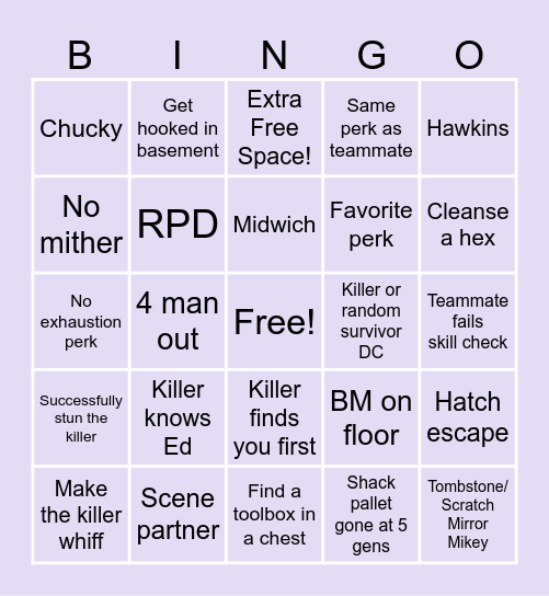 DBD Survivor Bingo Card