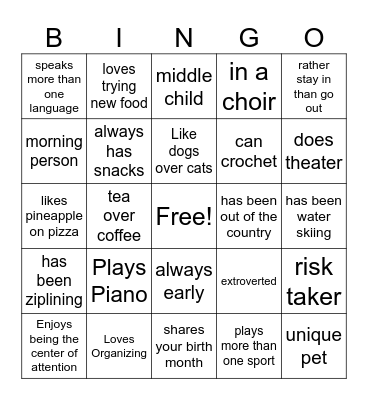 Personality Bingo Card