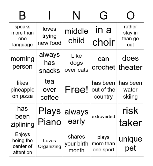Personality Bingo Card
