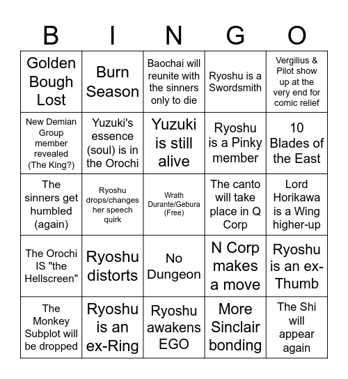 Canto 9 Bingo Card