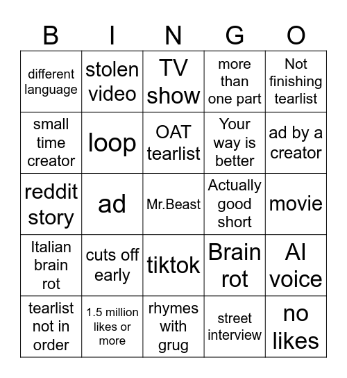 YT short bingo Card
