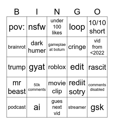 yt shorts bingo Card