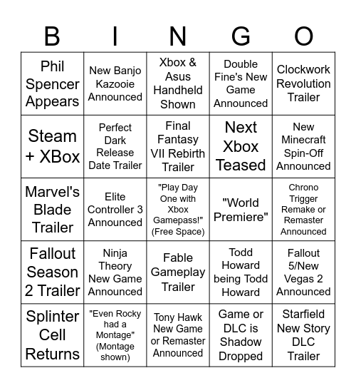 Xbox Showcase 2025 Bingo Card