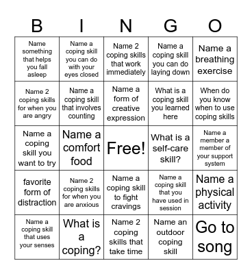 Coping Skills Bingo Card