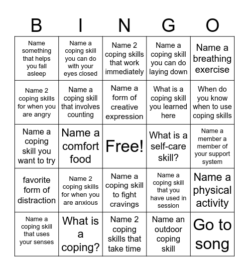 Coping Skills Bingo Card