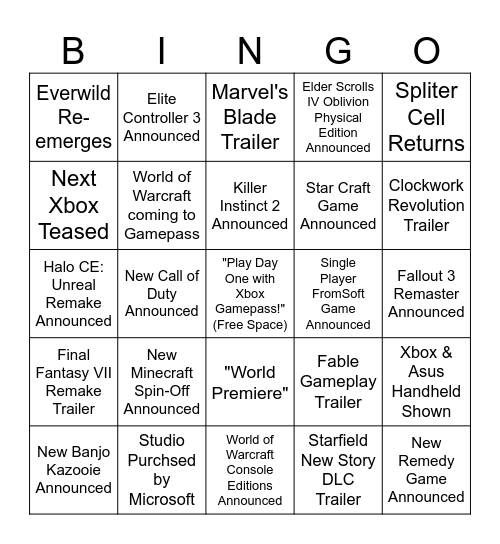 Xbox Showcase 2025 Bingo Card