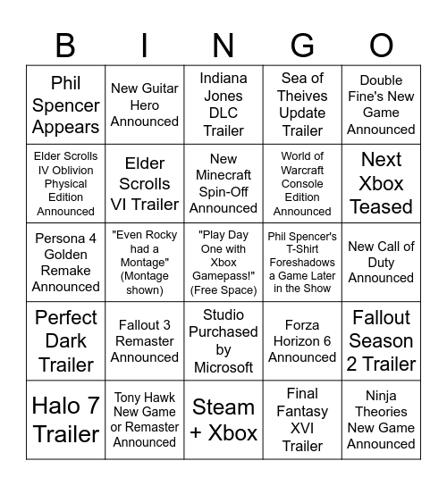Xbox Showcase 2025 Bingo Card