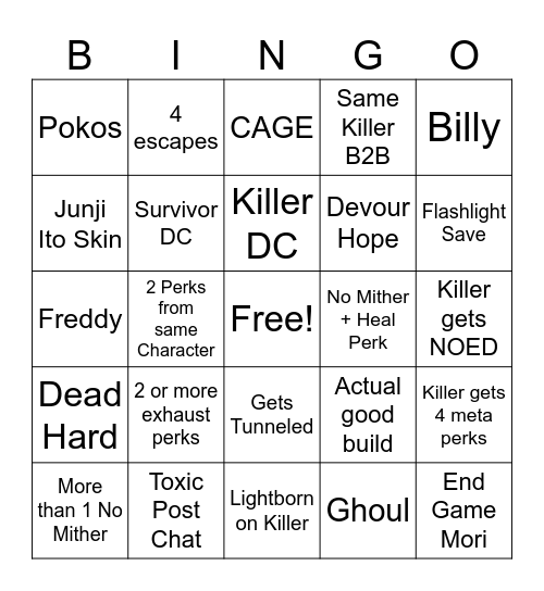 DBD Chaos Shuffle Bingo Card